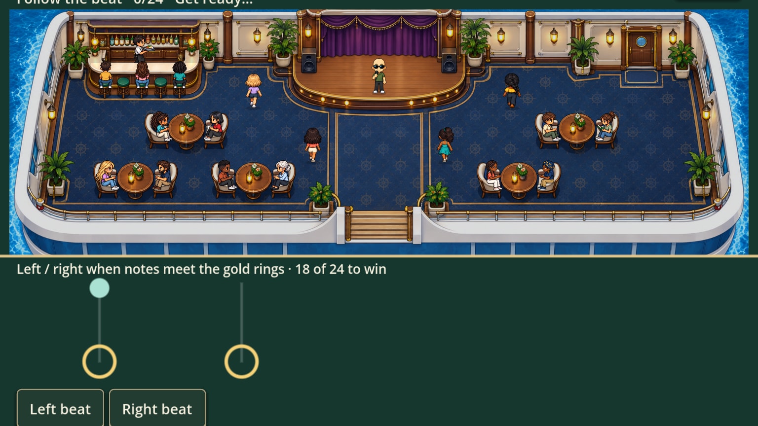 Cal on the karaoke stage in the ship's lounge, with guests filling the armchairs and barstools, and the rhythm lanes below.