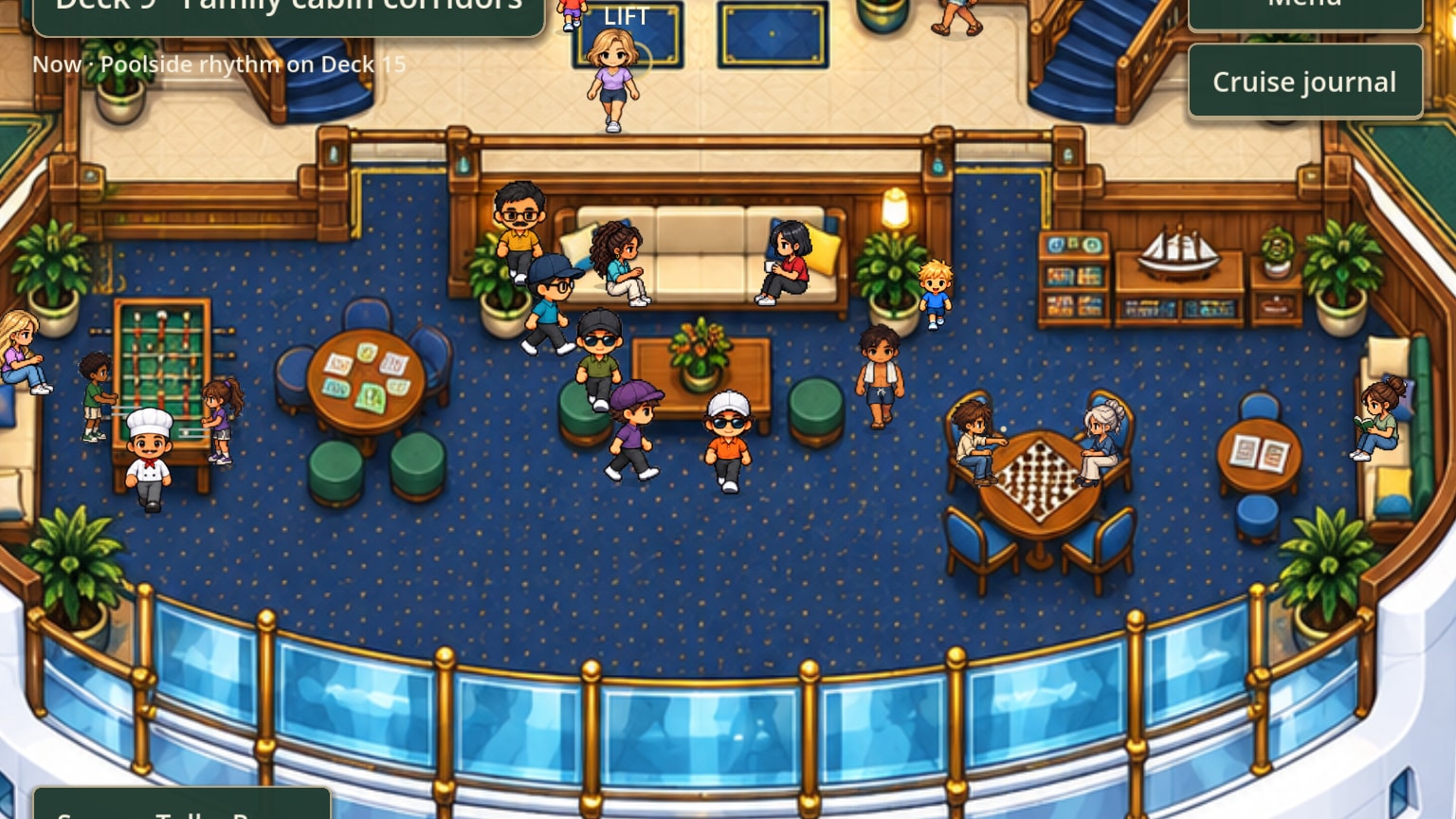 The cabin deck's lounge: guests playing chess and foosball at tables beside the ship's curved glass rail.