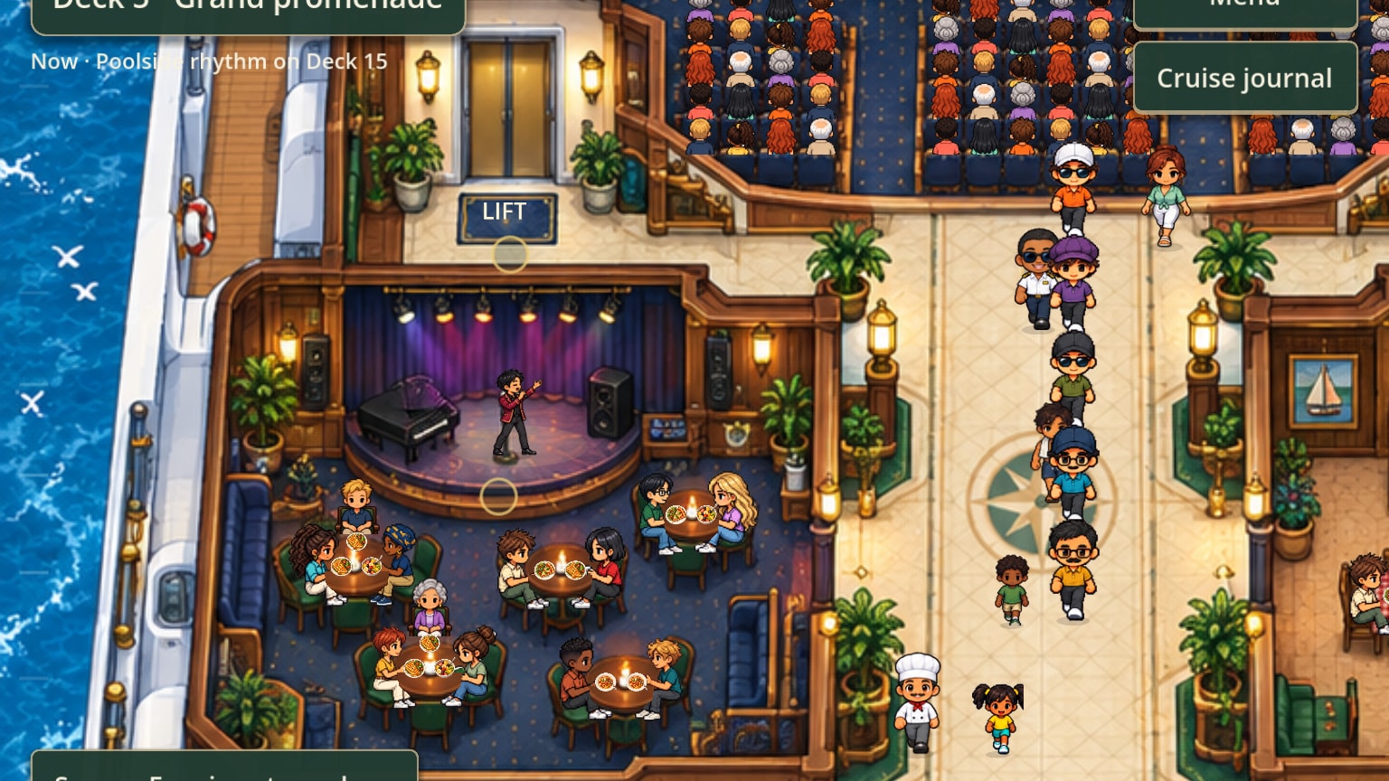 The promenade lounge: a singer on a small stage under purple lights, with guests at tables around it.