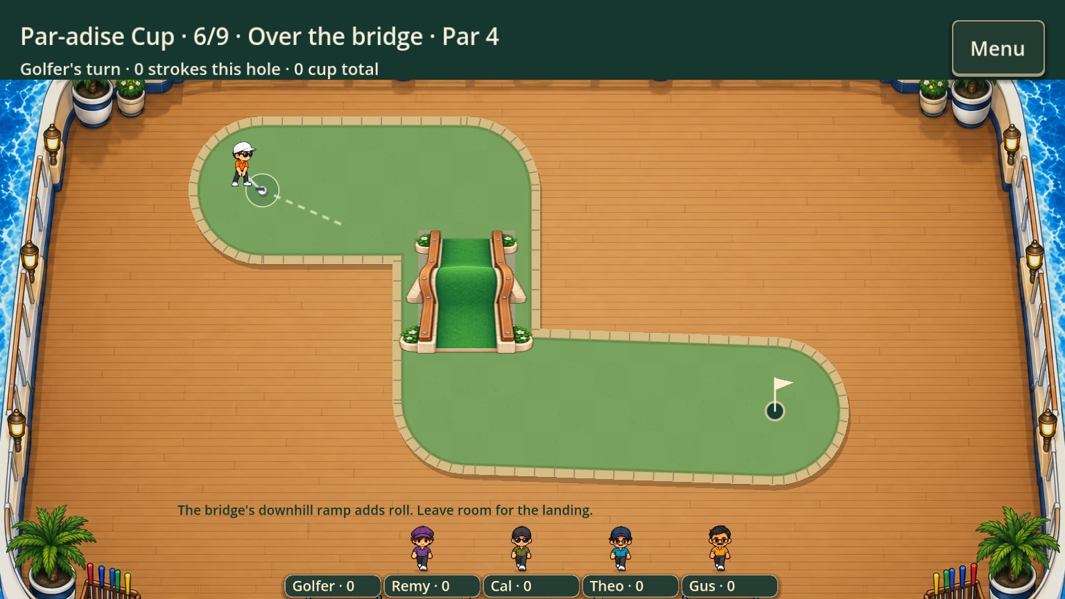 The playable mini-golf match, hole 6, Over the bridge: a lane that climbs a green bridge ramp, with the five friends' names along the bottom.