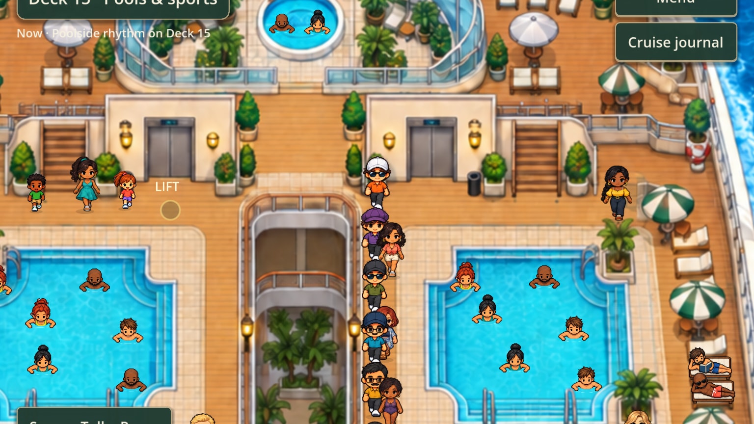 The pool deck from above: two pools full of swimmers, loungers and umbrellas around them, and passengers calling Come join us!