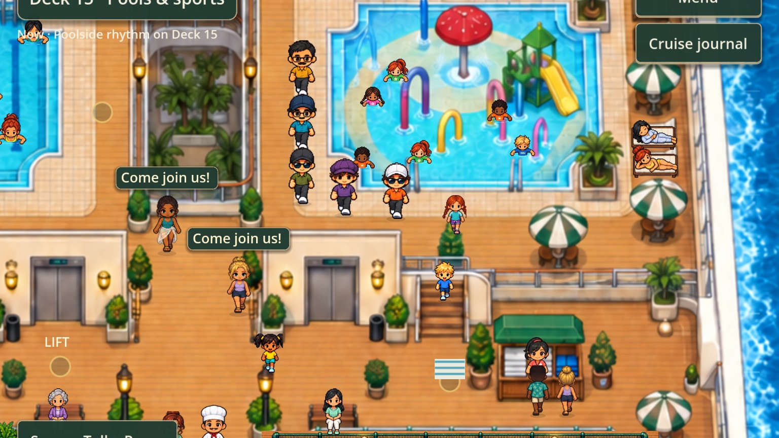The splash area: children playing under fountains and a slide in a shallow pool, with parents watching from the loungers.
