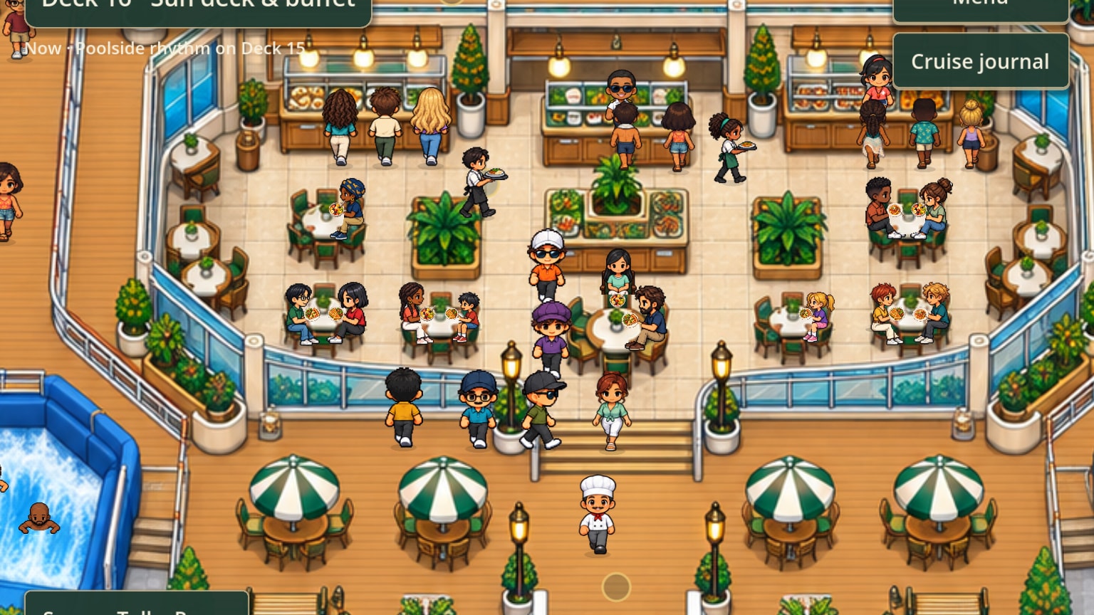 The sun deck buffet: guests queueing at the food counters, carrying trays and eating at tables.