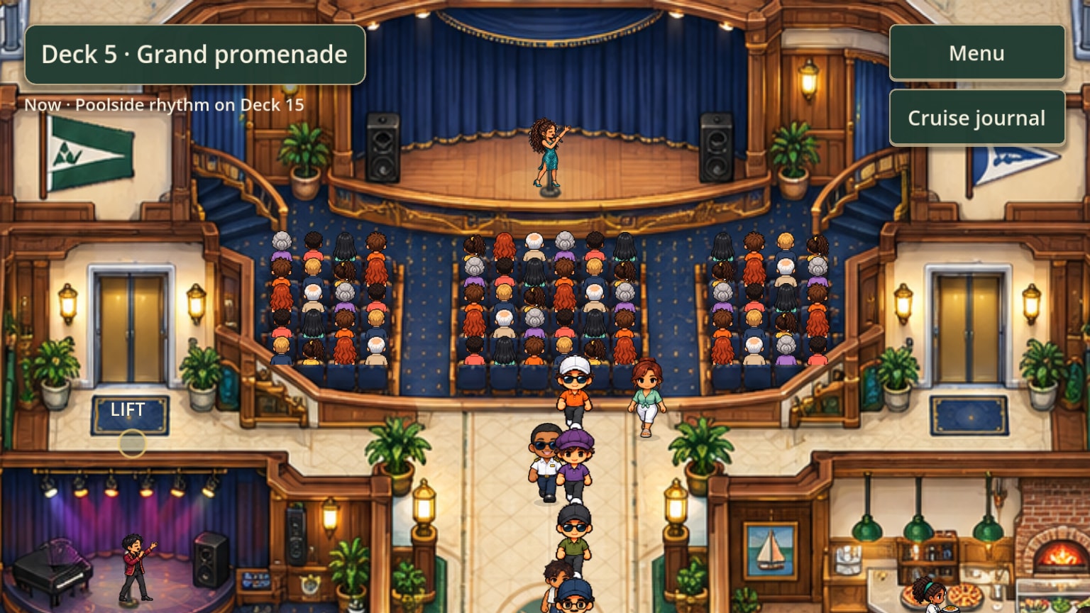 The main theater on the promenade: a full audience in rows of seats facing a singer on stage.