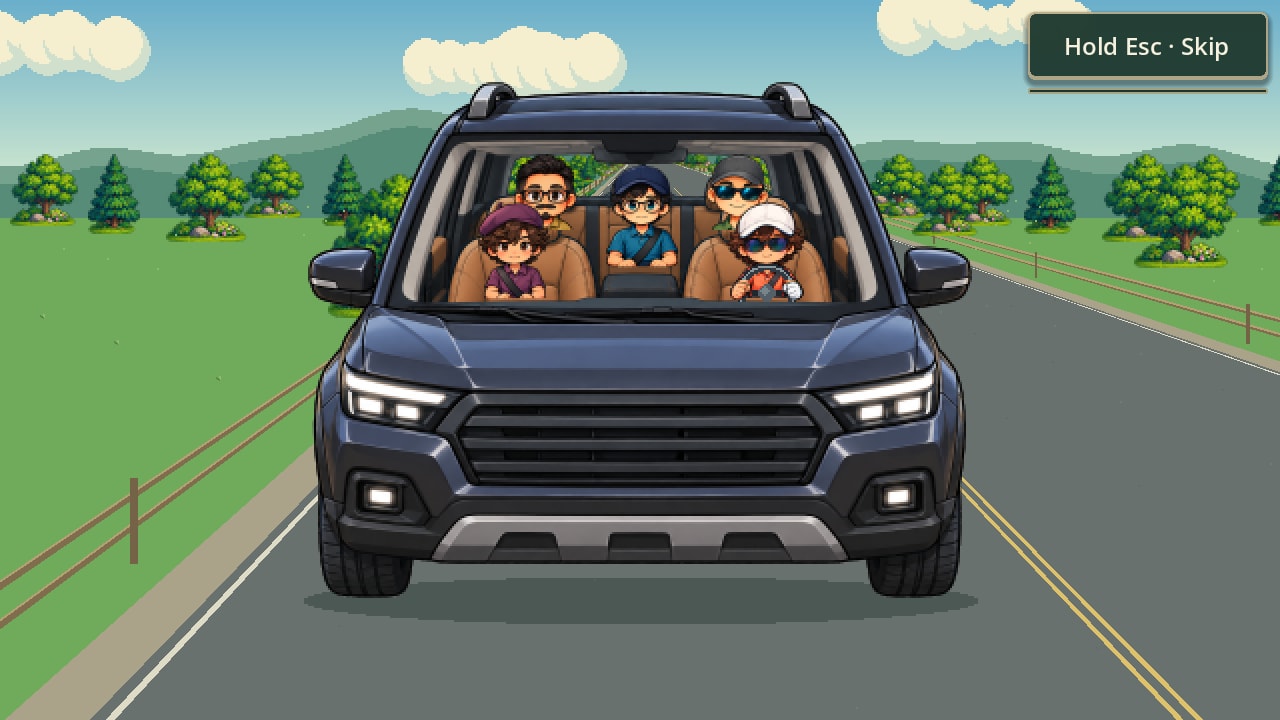 A cutscene: the golfer driving four friends up a country road toward the club in a dark SUV, hills and trees behind.