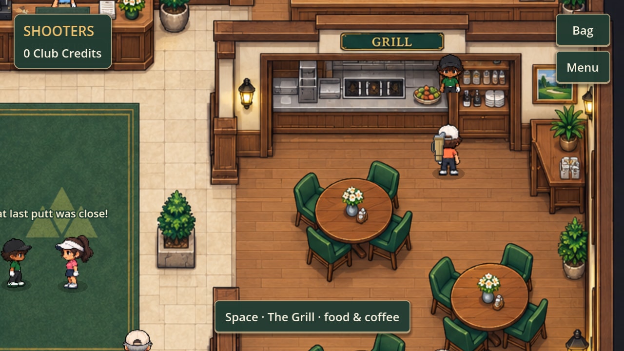 The Grill: round tables with green chairs and flowers, staff behind the counter, and a prompt reading Space, The Grill, food and coffee.