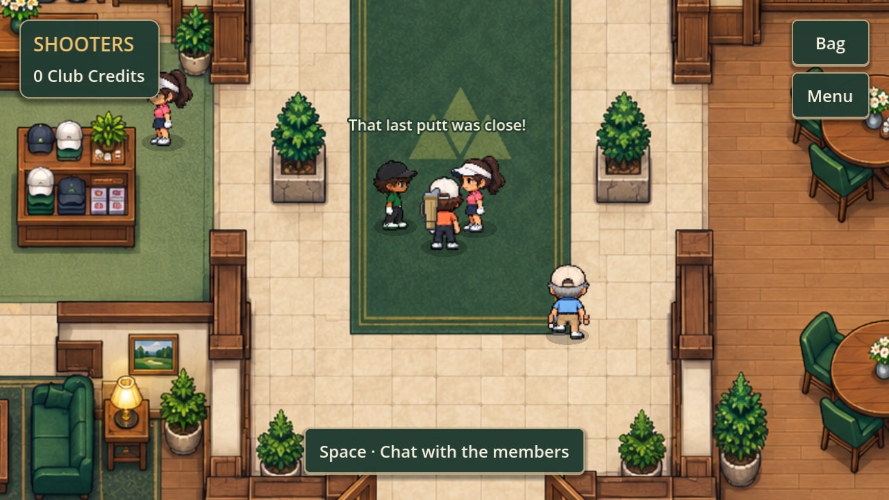 Members chatting on the clubhouse carpet, one saying That last putt was close!, with a prompt to chat with them.