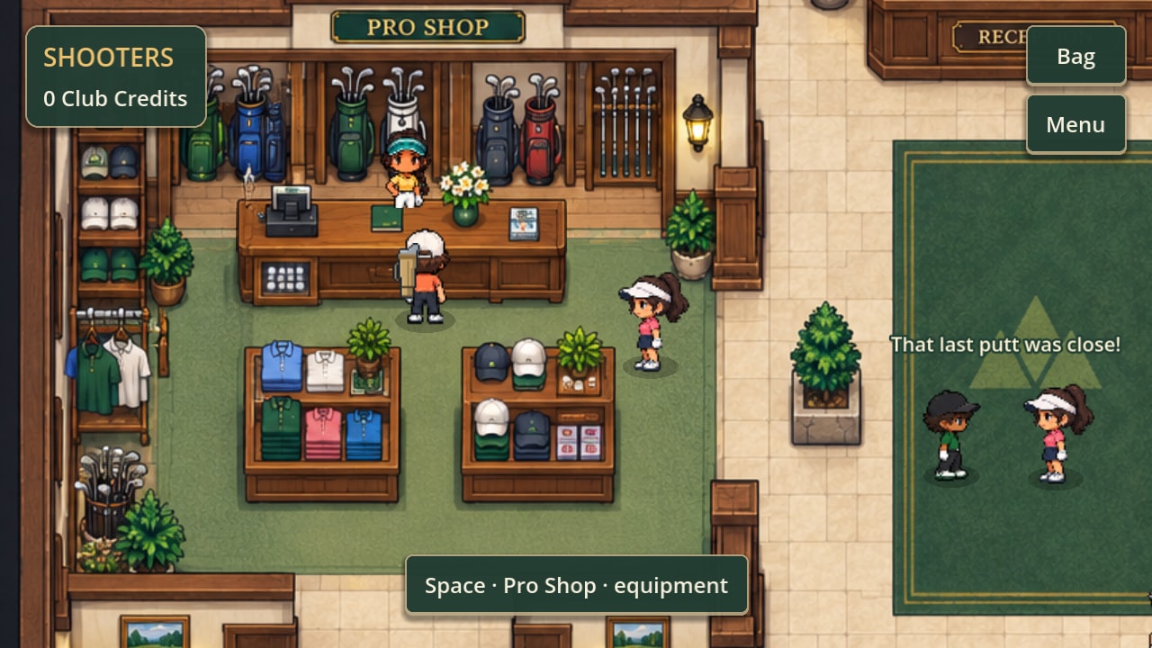 The Pro Shop counter inside the clubhouse: bags of clubs along the back wall, tables of shirts and caps, and staff behind the till.