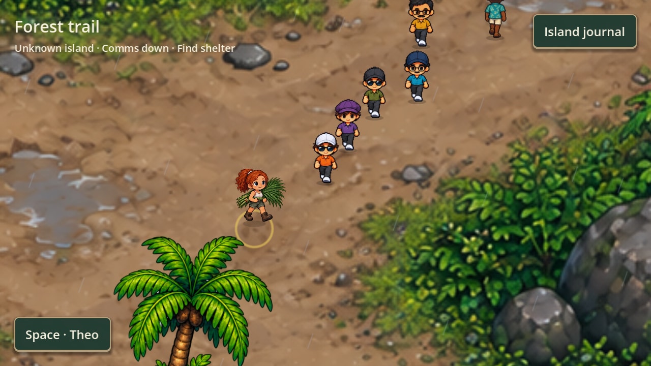 A forest trail inland: palms, ferns and boulders around a winding path, with survivors walking it.