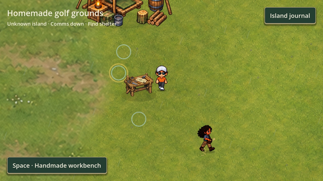 A wide grass meadow with a workbench under a canopy at one end and a golfer standing in the open.