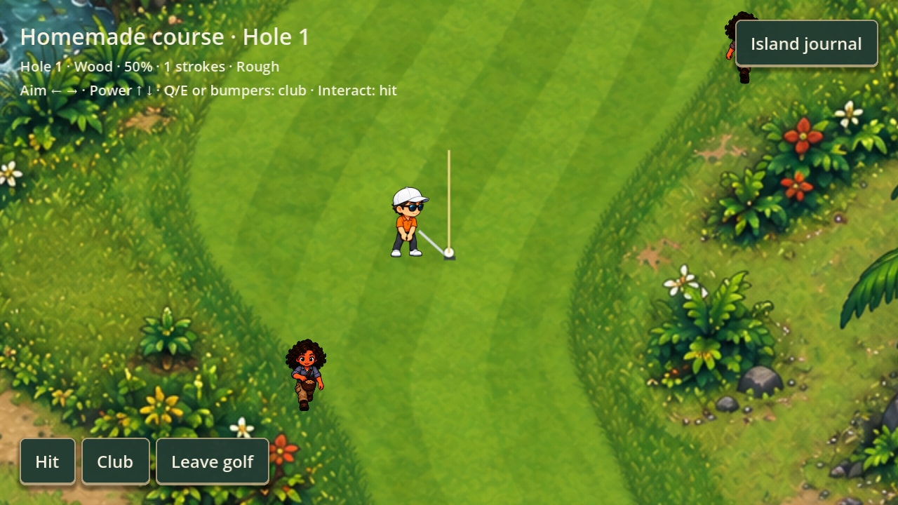 A shot from the grass of the homemade hole: the golfer at address with the aim line ahead of the ball, and a readout giving the hole, the club, the power, the strokes played and the lie.