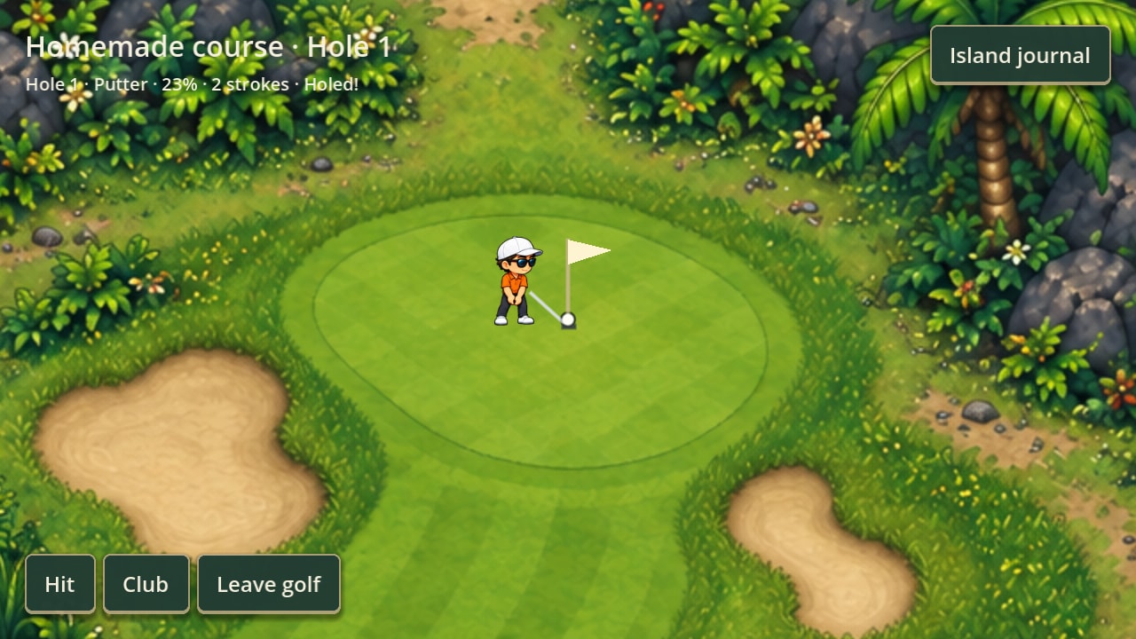 The first green, ringed by bunkers and jungle: the golfer standing over the ball beside an ivory flag, with a readout reading Hole 1, Putter, 2 strokes, Holed.