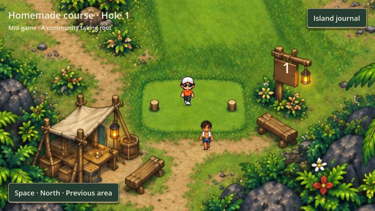 The first tee of the homemade course: a mown square of grass with two cut stumps on it, a hanging timber board with a 1 on it and a lantern beside it, and the groundskeepers' workbench under a canvas canopy.