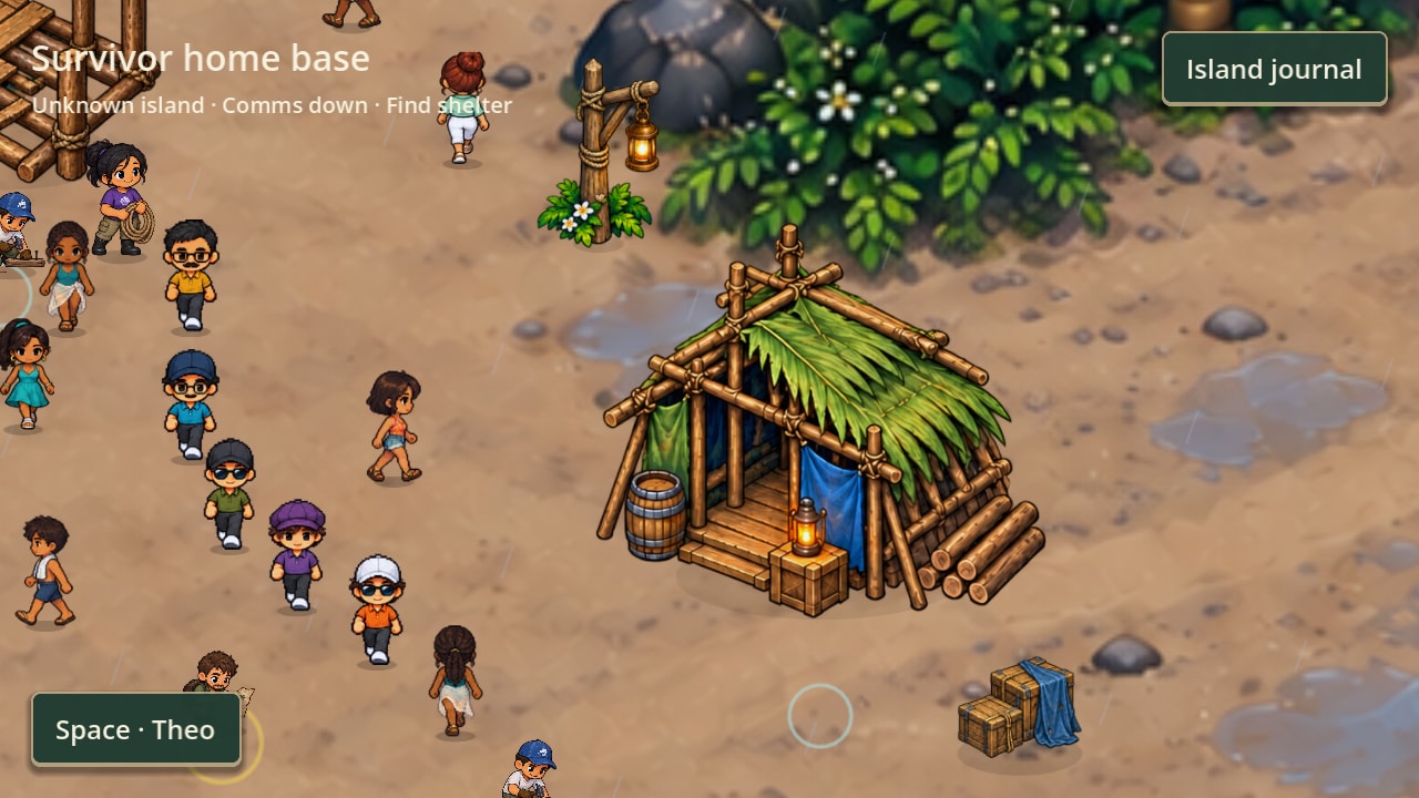 A finished hut in close detail: palm-thatch roof, a lantern, a bench and supplies stacked beside the entrance.