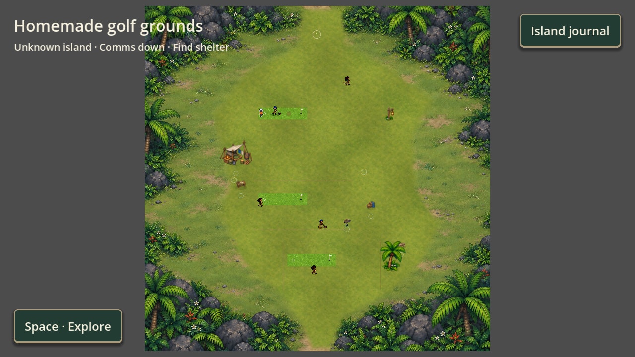 The whole homemade golf grounds seen at once: a broad clearing ringed by forest, with small figures working in it.