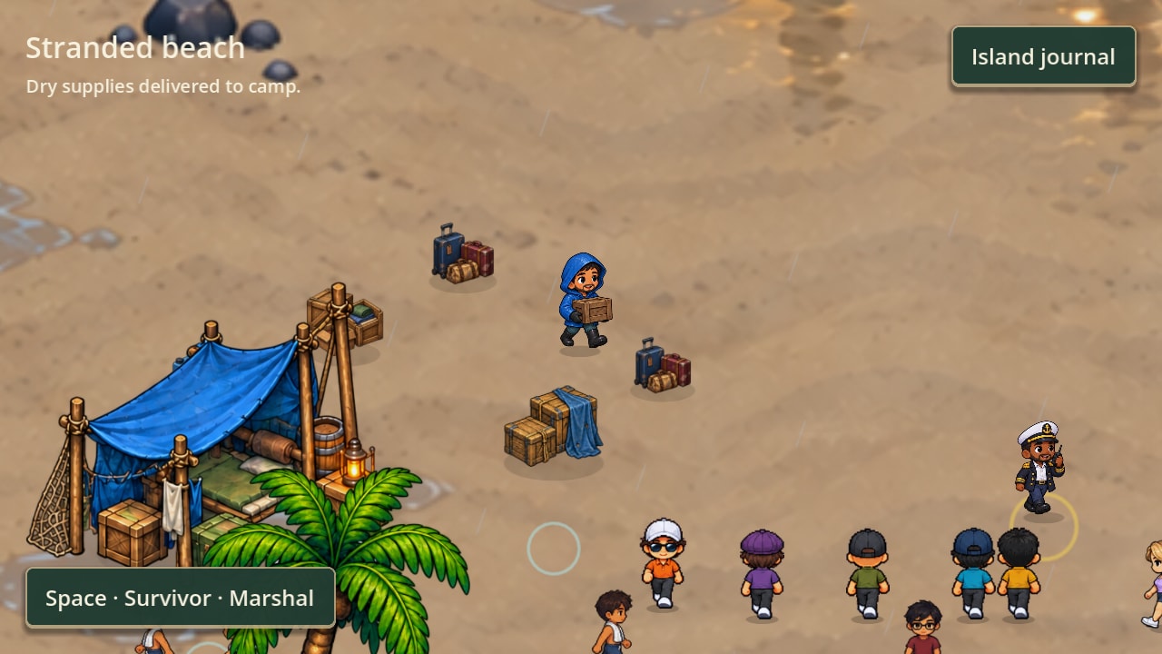 Salvage on the beach: luggage, crates, blankets, a broken ship railing with a life ring, and survivors sorting through it.