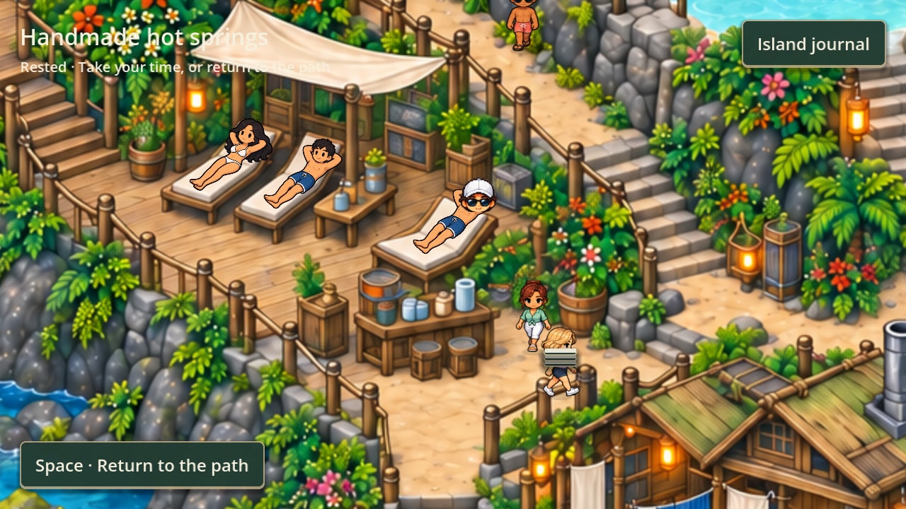 The spa terrace: a timber deck over the water with a shade sail, guests lying on three loungers, a tea counter beside them and attendants on the path.