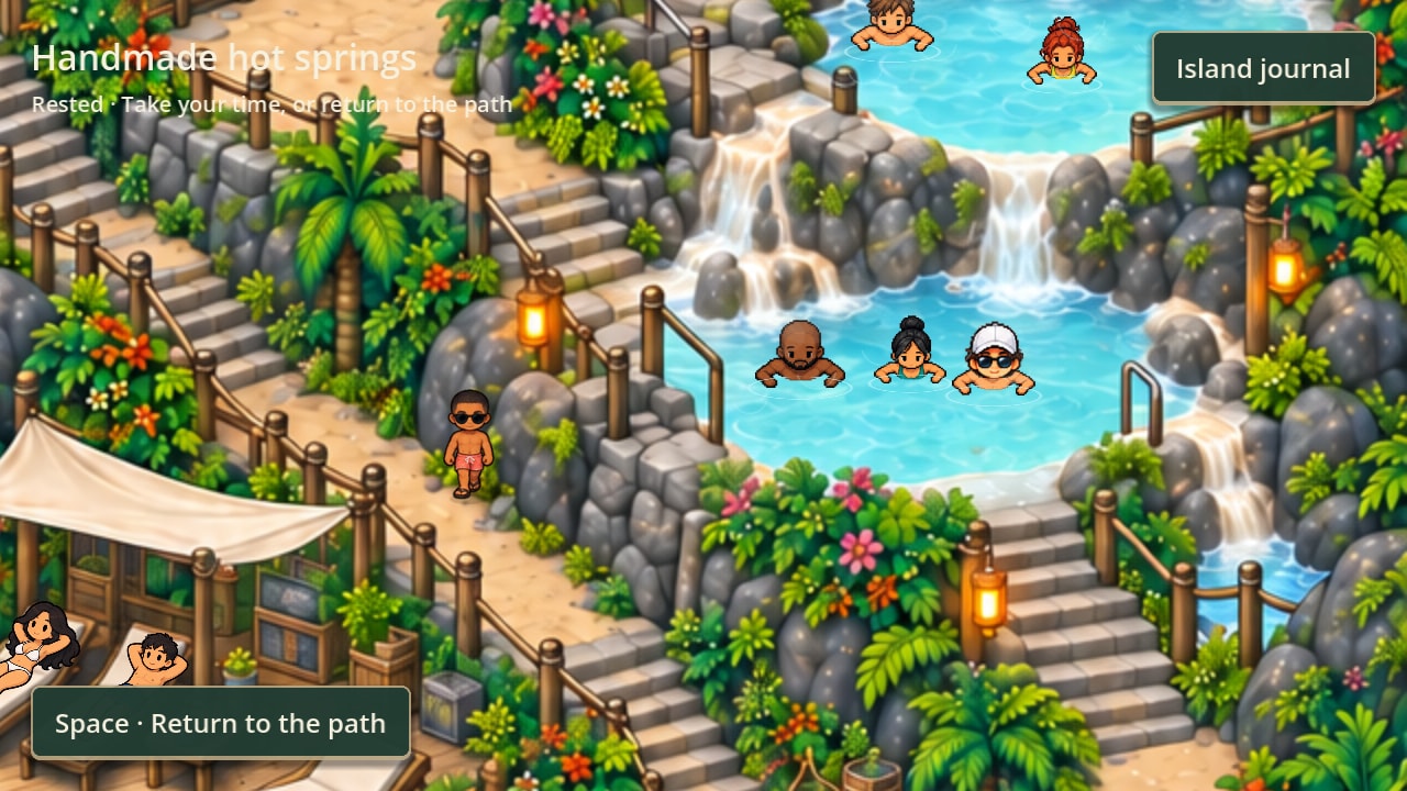The hot springs: warm pools stepped into the rock with waterfalls between them, bathers up to their shoulders in the water, and the golfer in the nearest pool.