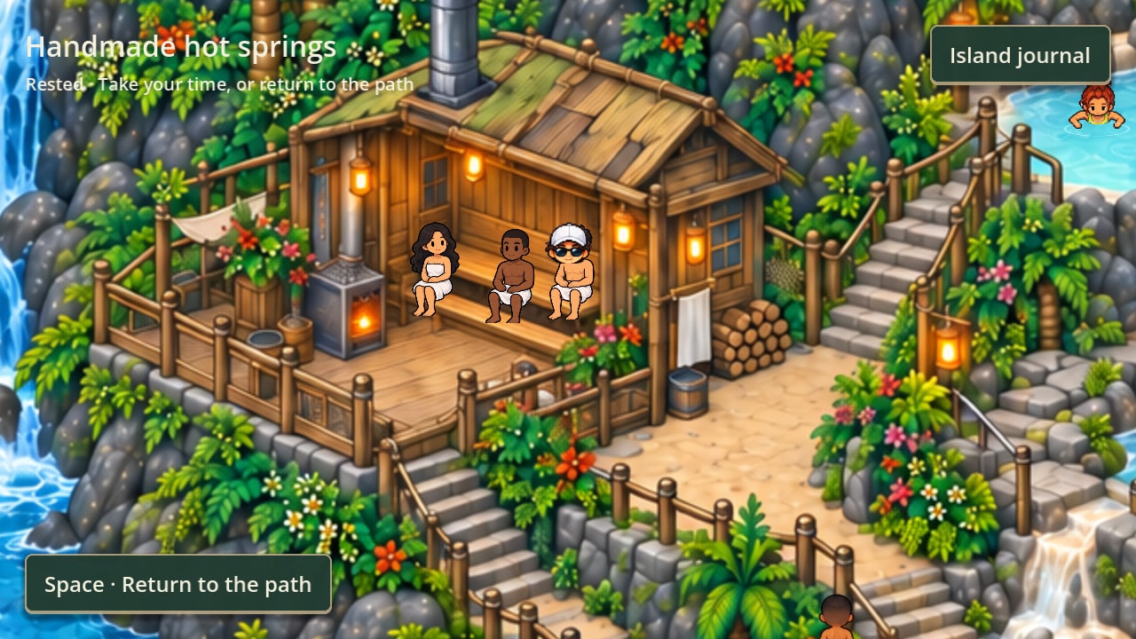 The sauna: a small salvaged-timber cabin with an open front, a stove with its flue through the roof, and three people sitting along the bench inside, the golfer among them.