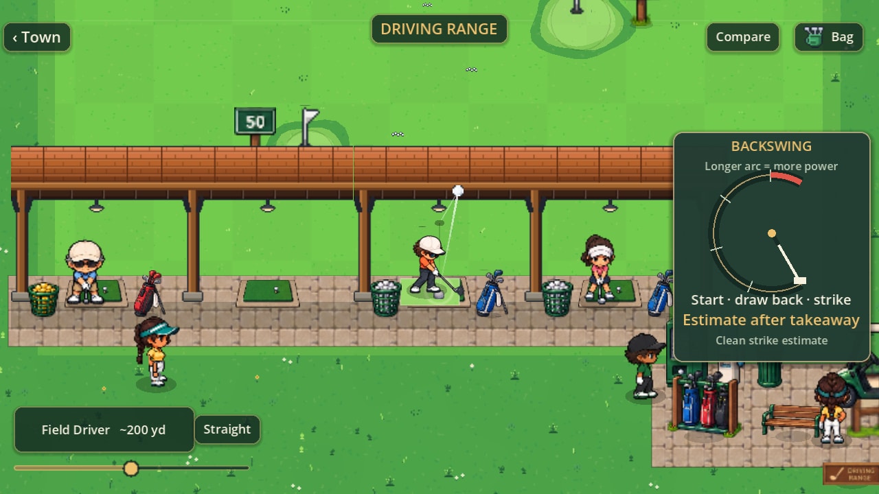 A drive leaving the range bays: the ball high above the timber shelter, golfers on their mats and the backswing meter at the right.