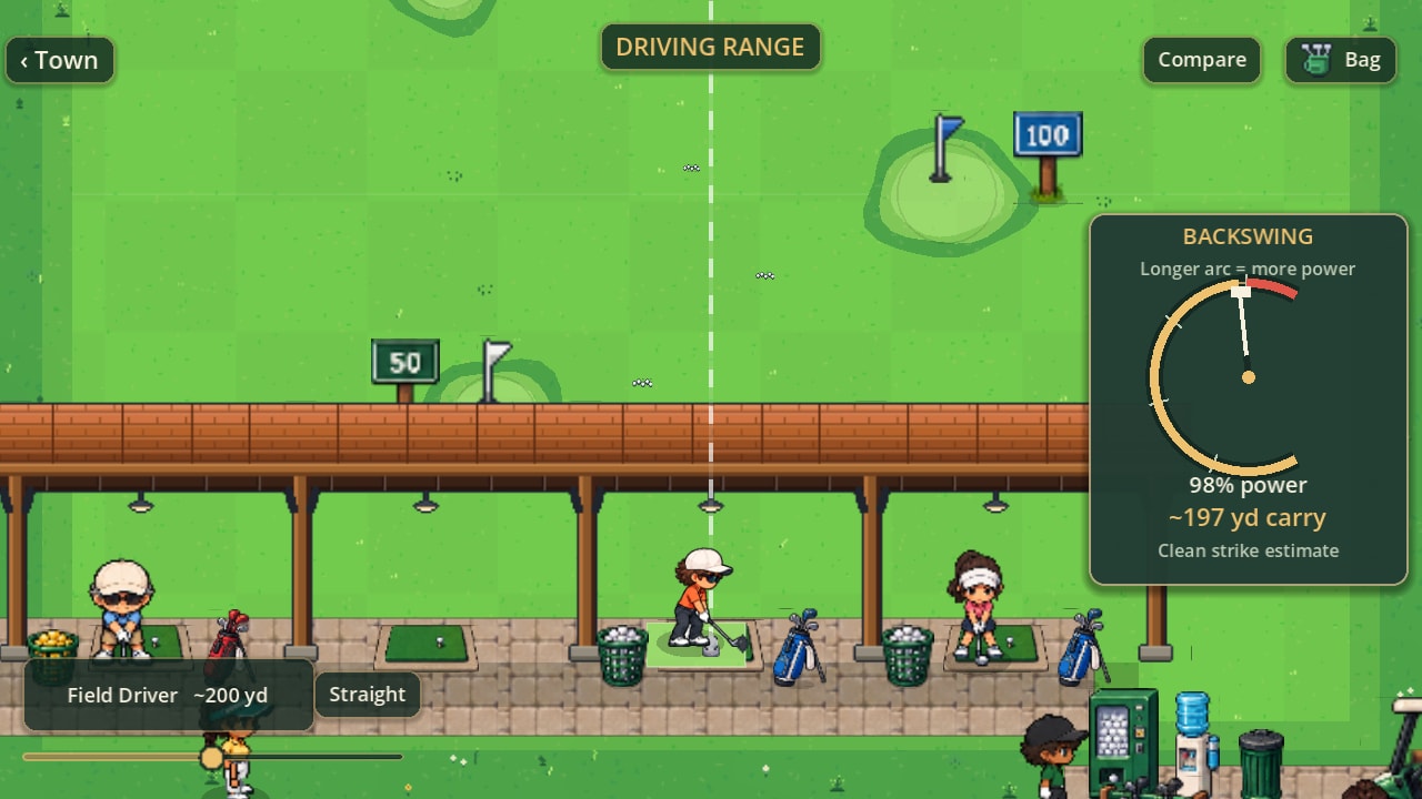 Addressing a ball on the range with the backswing meter nearly full, showing the power and the estimated carry of a clean strike.