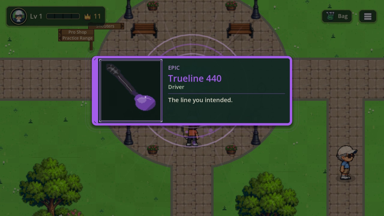 A reward card over the fountain court revealing an epic driver, Trueline 440, with its tagline The line you intended.