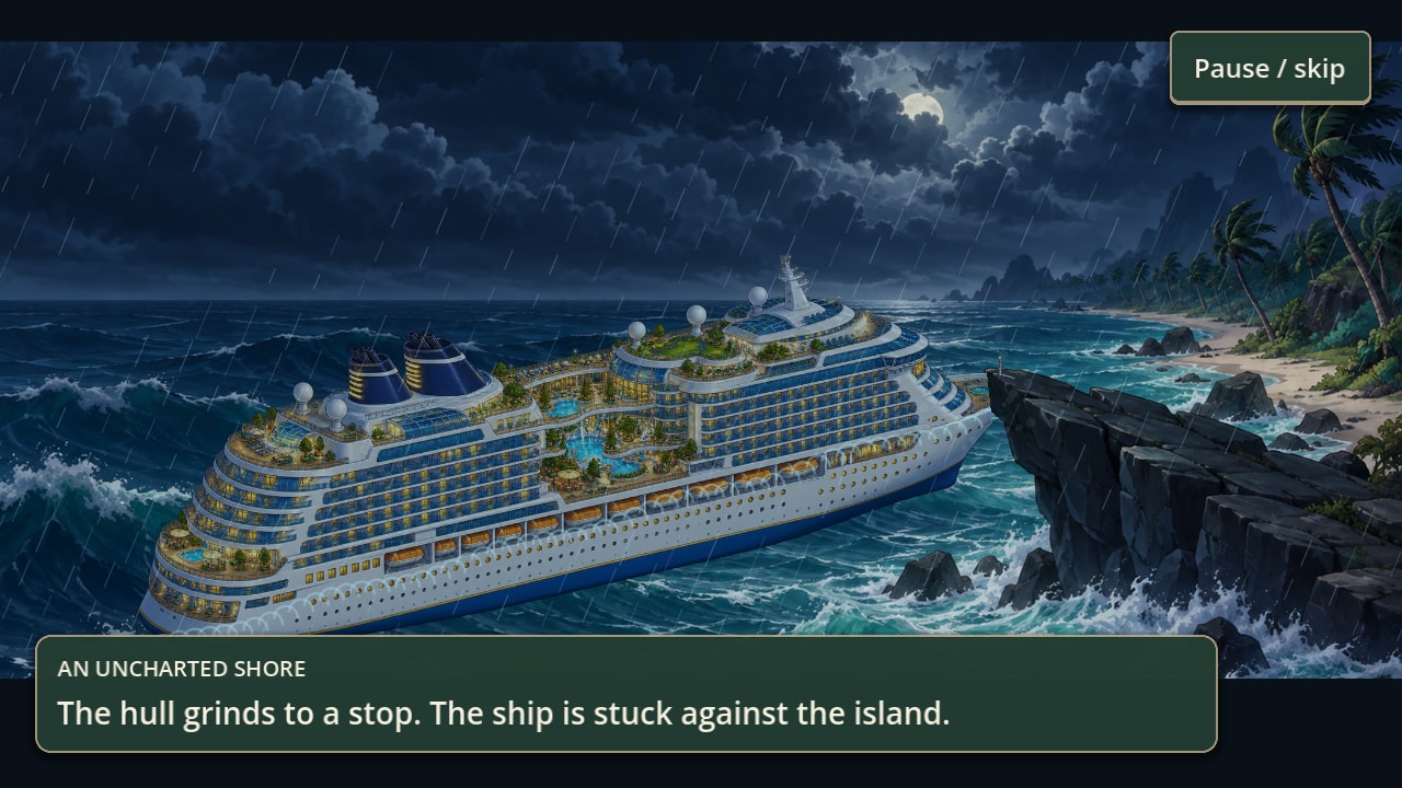The ship stopped hard against the island rock, spray still around the bow, with a line of dialogue on screen saying the hull has ground to a stop.