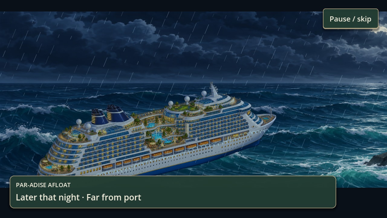 The ship side-on at night in heavy rain, its decks and cabin windows lit, on a dark rolling sea under layered cloud.