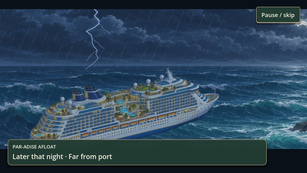 A branching bolt of lightning over the ship as the storm builds, the sea breaking white around the hull.