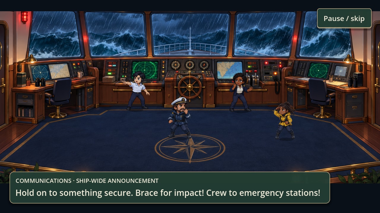 The bridge again, the communications officer at the microphone making a ship-wide announcement to brace for impact.