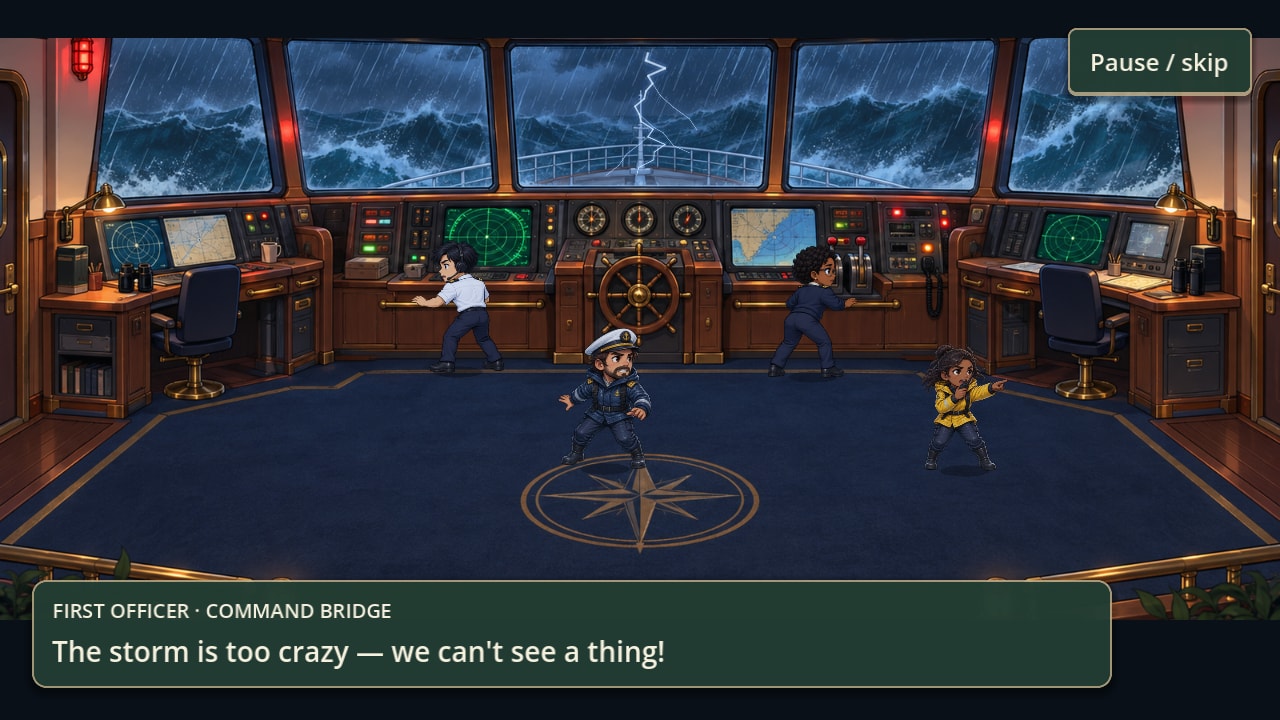 The ship's command bridge: radar screens, charts and a brass helm under panoramic windows full of storm, with four officers at their stations.