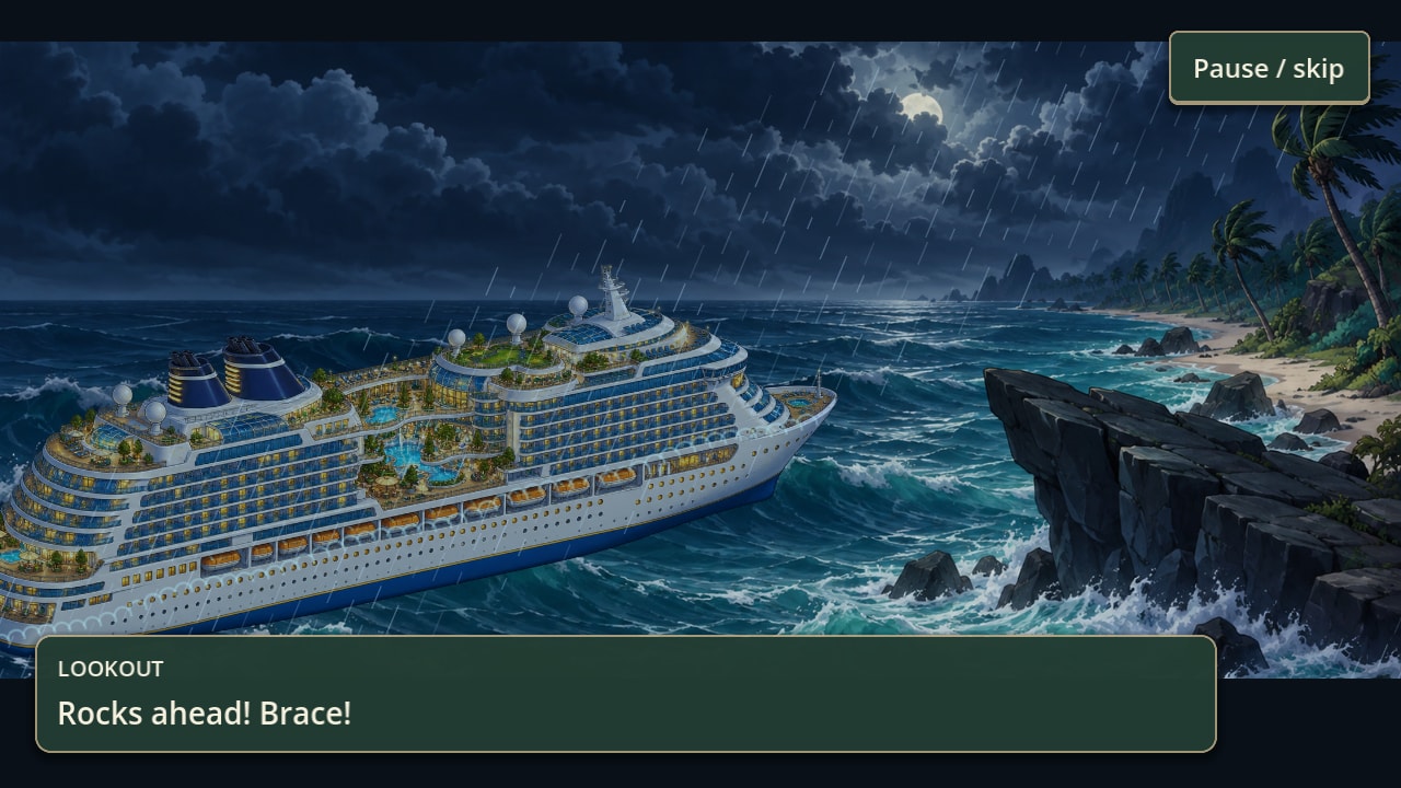 The ship driving towards a small island in the dark: palms bent in the wind on the shore, and a jagged black rock jutting into the water ahead of the bow.