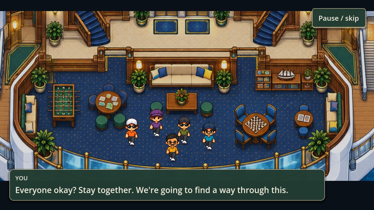 The five friends back together in the cabin deck lounge afterwards, with a line of dialogue asking whether everyone is okay.