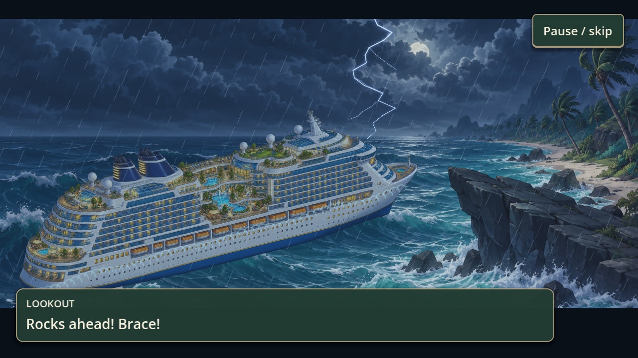 The ship driving towards a small island in the dark: palms bent in the wind on the shore, lightning behind it, and a jagged black rock jutting into the water ahead of the bow.