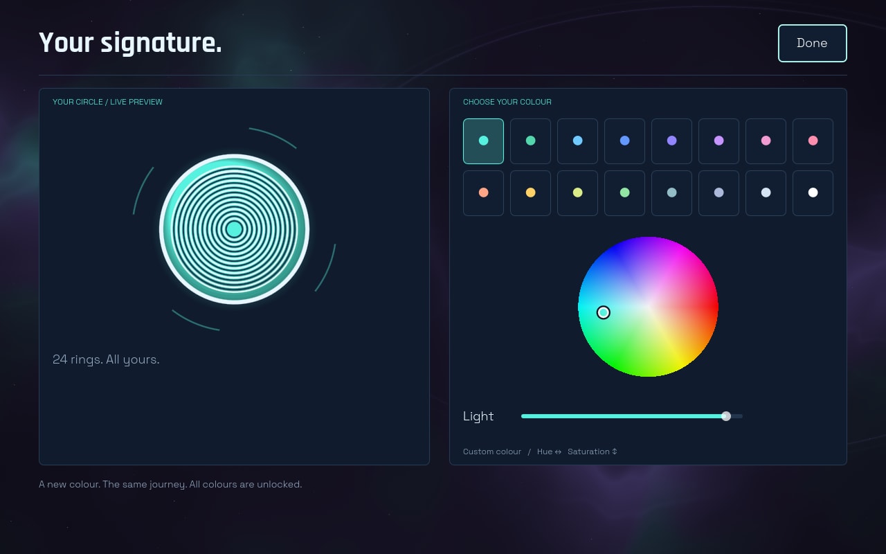 The customisation screen: a large preview of the player circle full of concentric rings, beside a colour wheel and a row of preset swatches.