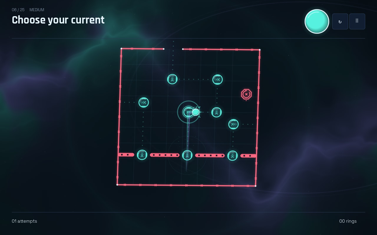 A neon arena in cyan and red line work: the player circle has just left a launch pad on a bright trail, with six pads and their dotted routes above it, a barred red wall along the bottom and a red drone in the corner.