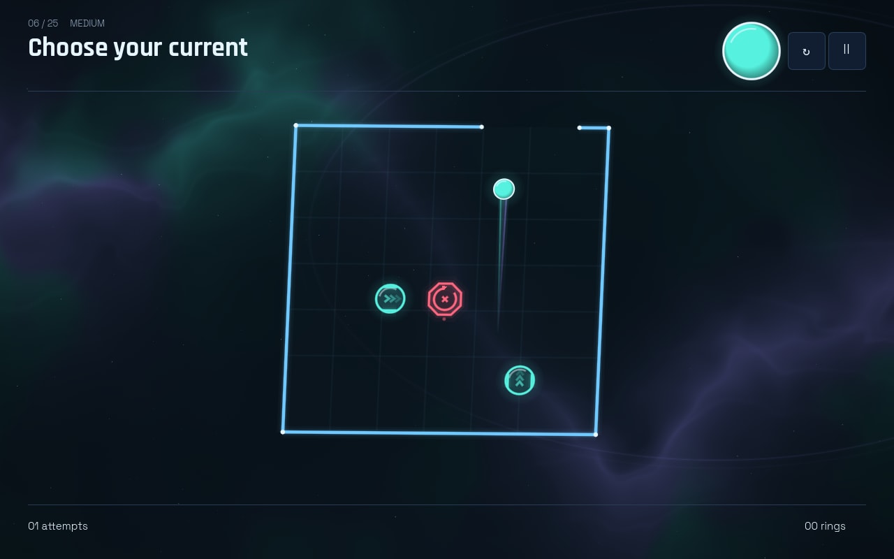 A neon arena: the player circle trails light upward from a launch pad, with a red drone nearby and an exit marker on the far wall.