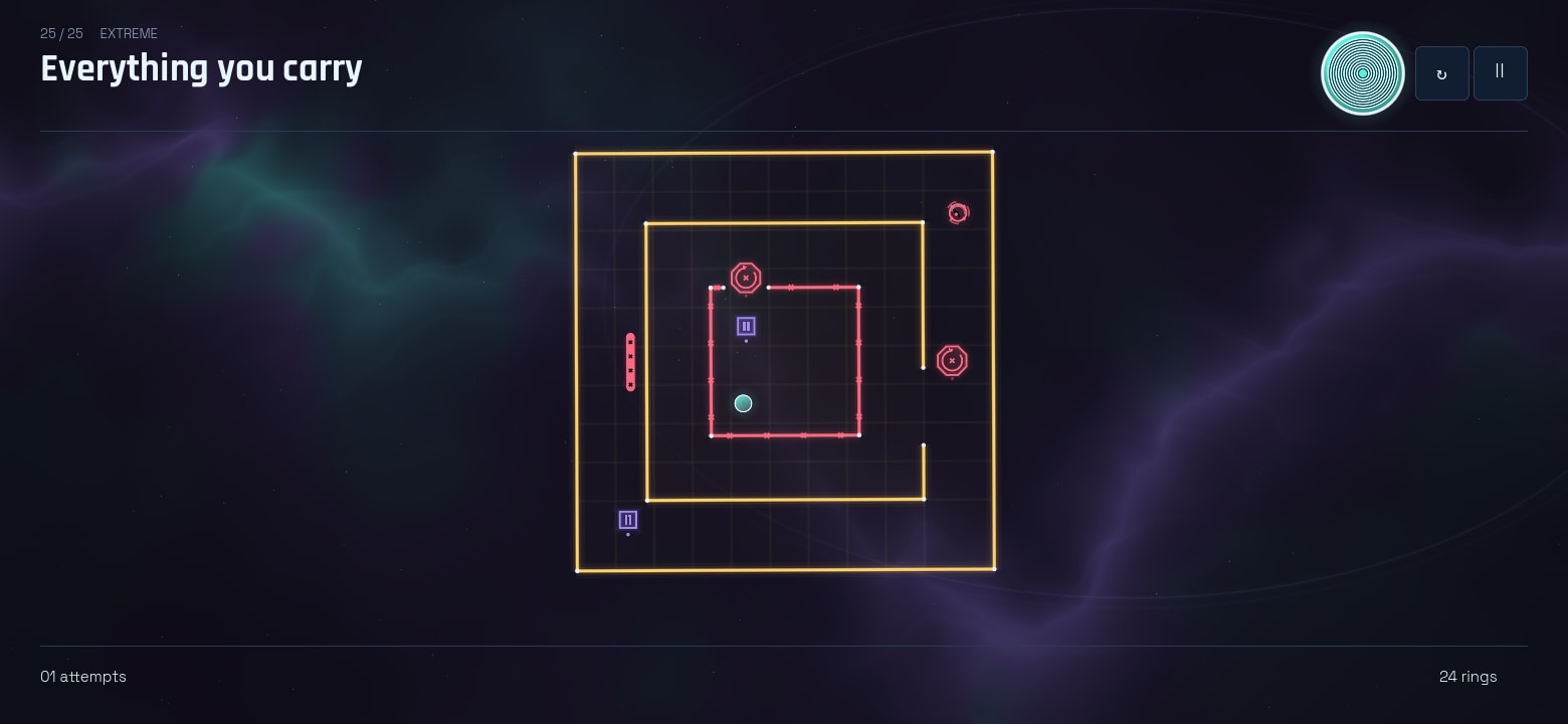 The last stage at phone proportions: the nested boxes keep their shape on a wide landscape screen, with the pause and restart buttons within reach at the top right.