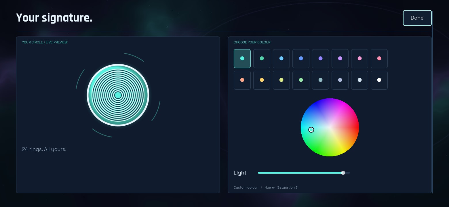The customisation screen at phone proportions, with the ring preview on the left and the colour wheel on the right.