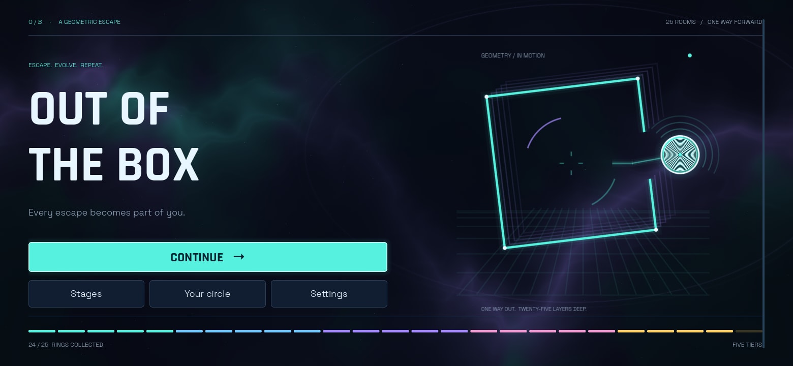 The title screen at phone proportions: a wide landscape layout with the title on the left and the neon box on the right.