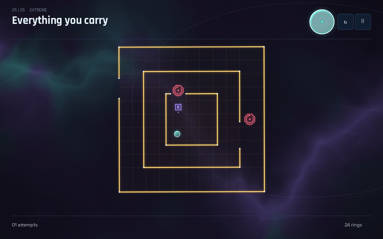 The next stage beginning, with the player circle drawn as a set of concentric rings, one for every room already cleared.