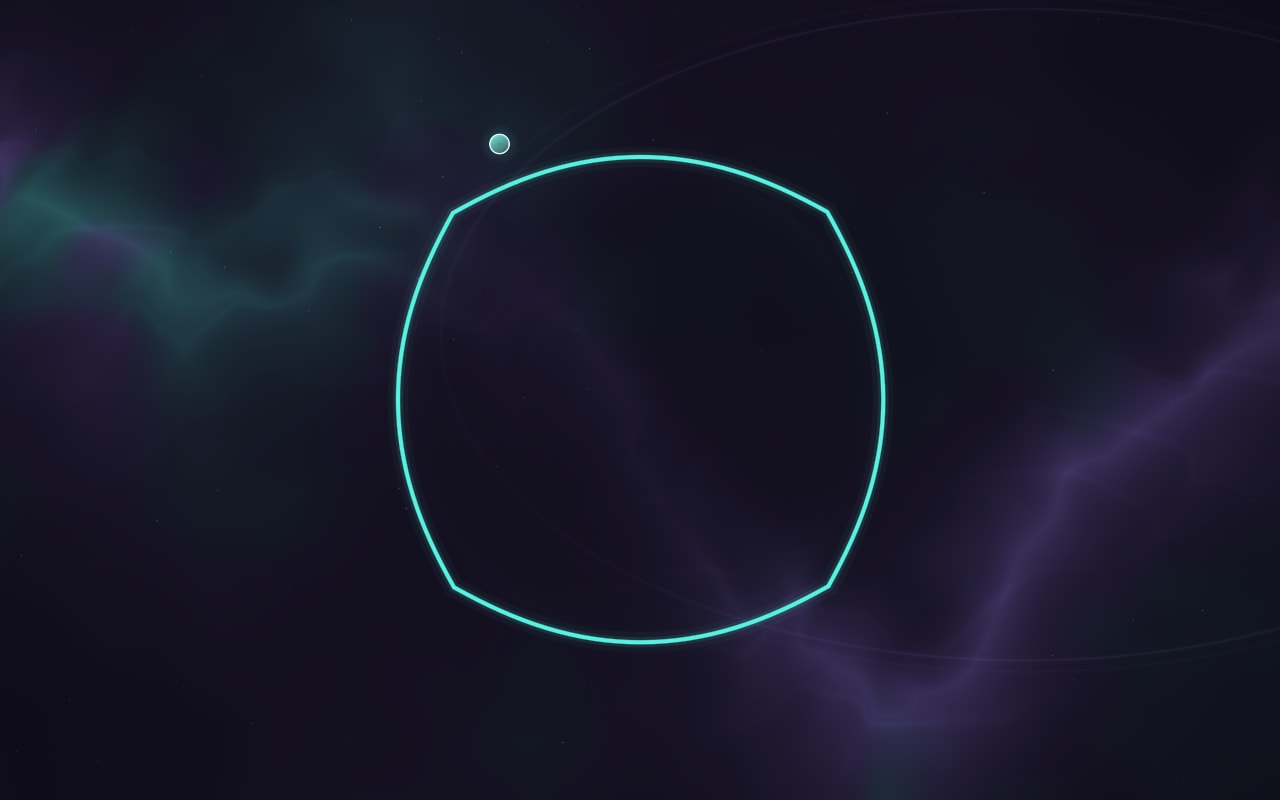 The escape transition: the box border has pulled in and rounded into a soft circle of cyan light on an almost black background.