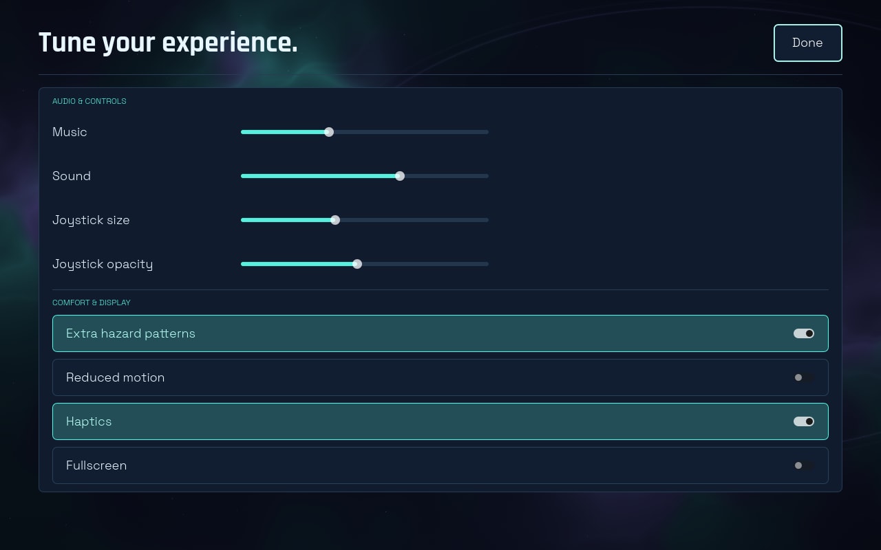 The settings screen: sliders for music, sound and other levels, with toggles including one for reduced motion.