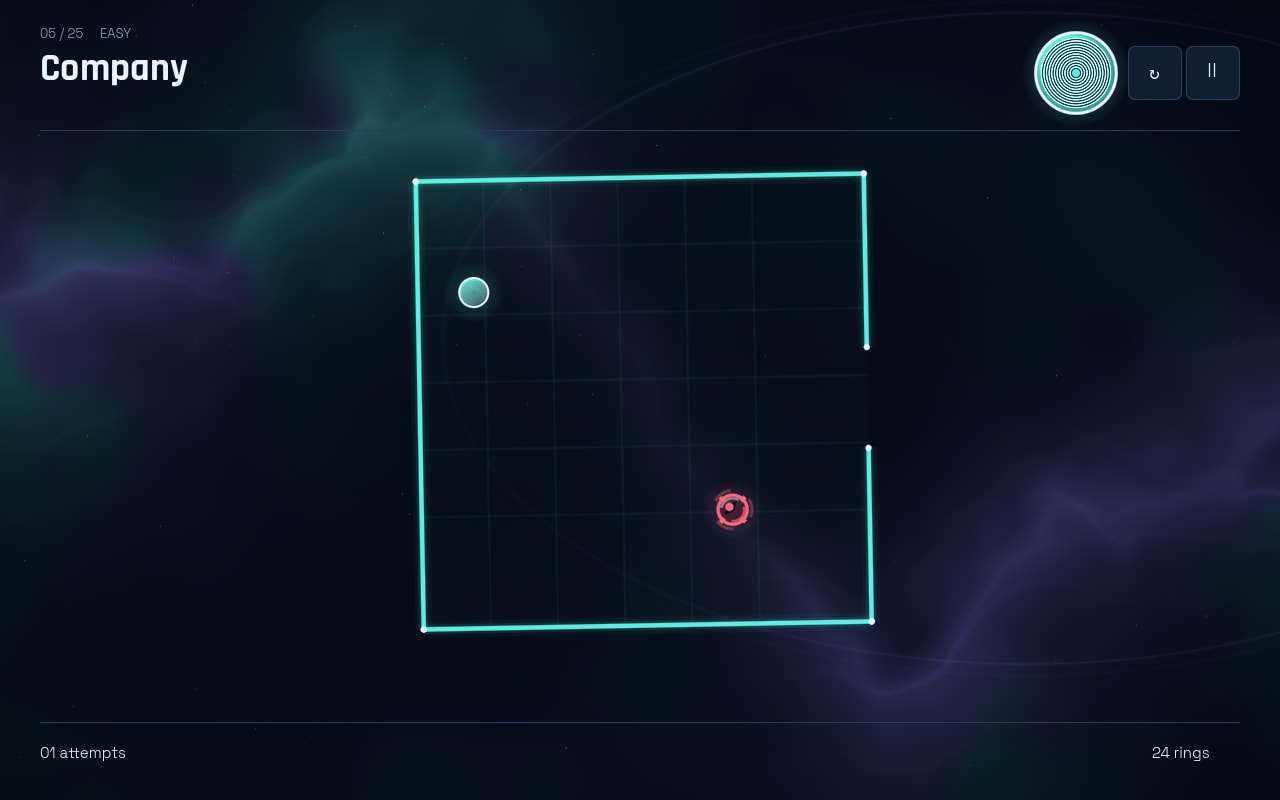 A cyan box with the player circle at the bottom left and a single red drone marked with a cross hovering inside the room, captioned Company.