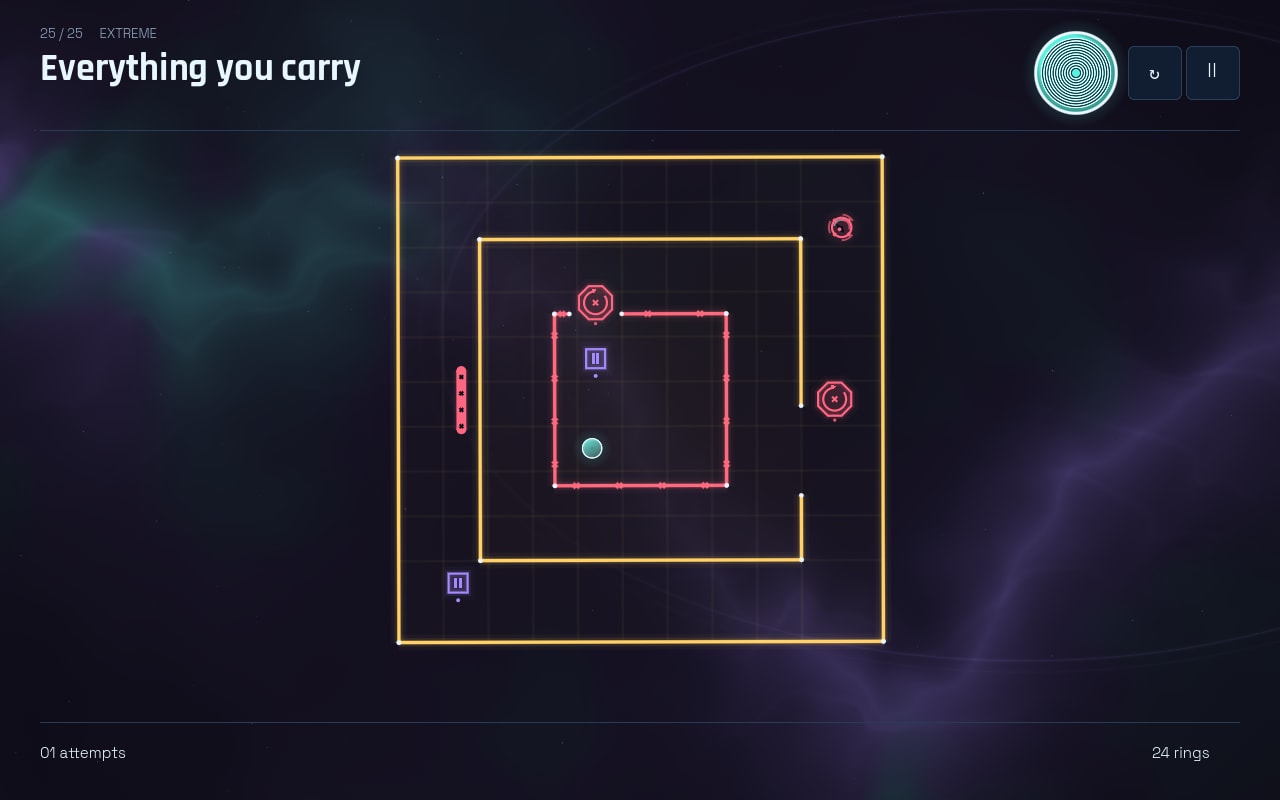 Stage 25, Everything you carry: an amber box with a second amber box inside it and a locked red room inside that, the circle shut in the middle of it, with two switch markers, three drones and a lethal bar around them.
