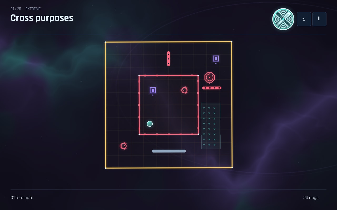 Stage 21, Cross purposes: a yellow outer box with a locked red room inside it, two switch markers, two pursuing drones, a conveyor panel and lethal bars.