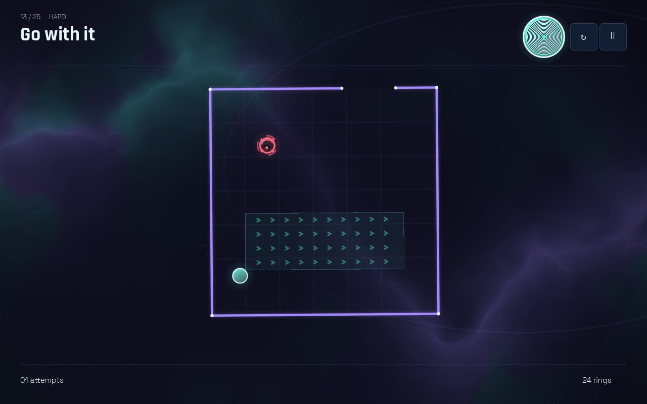 A violet box with a dense dotted grid filling its lower half, a red drone above it and the player circle at the left, captioned Go with it.