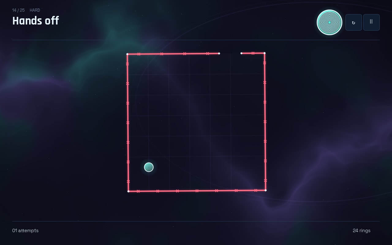 A red-pink box whose top edge is broken by a moving gap, the player circle small in the lower left, captioned Hands off.