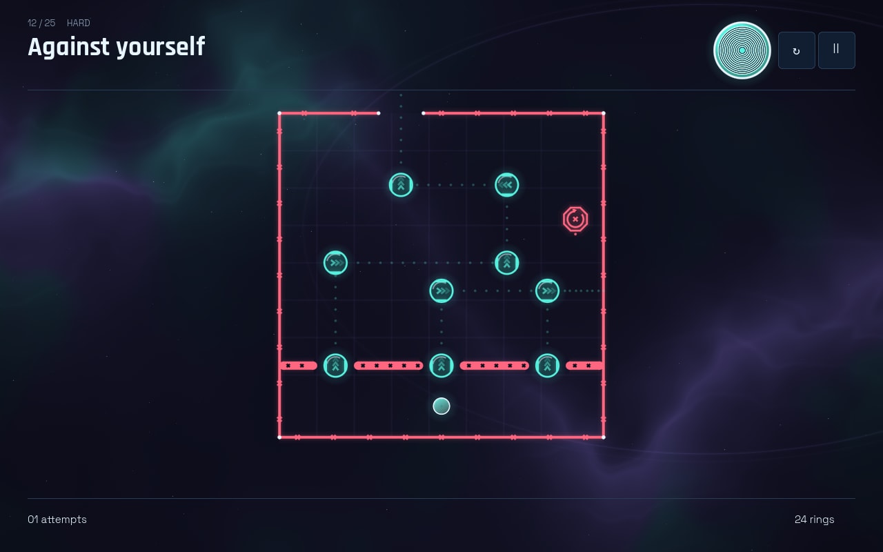 Stage 12, Against yourself: the same three-lane launch circuit in red, played with the controls reversed, the circle waiting at the bottom.