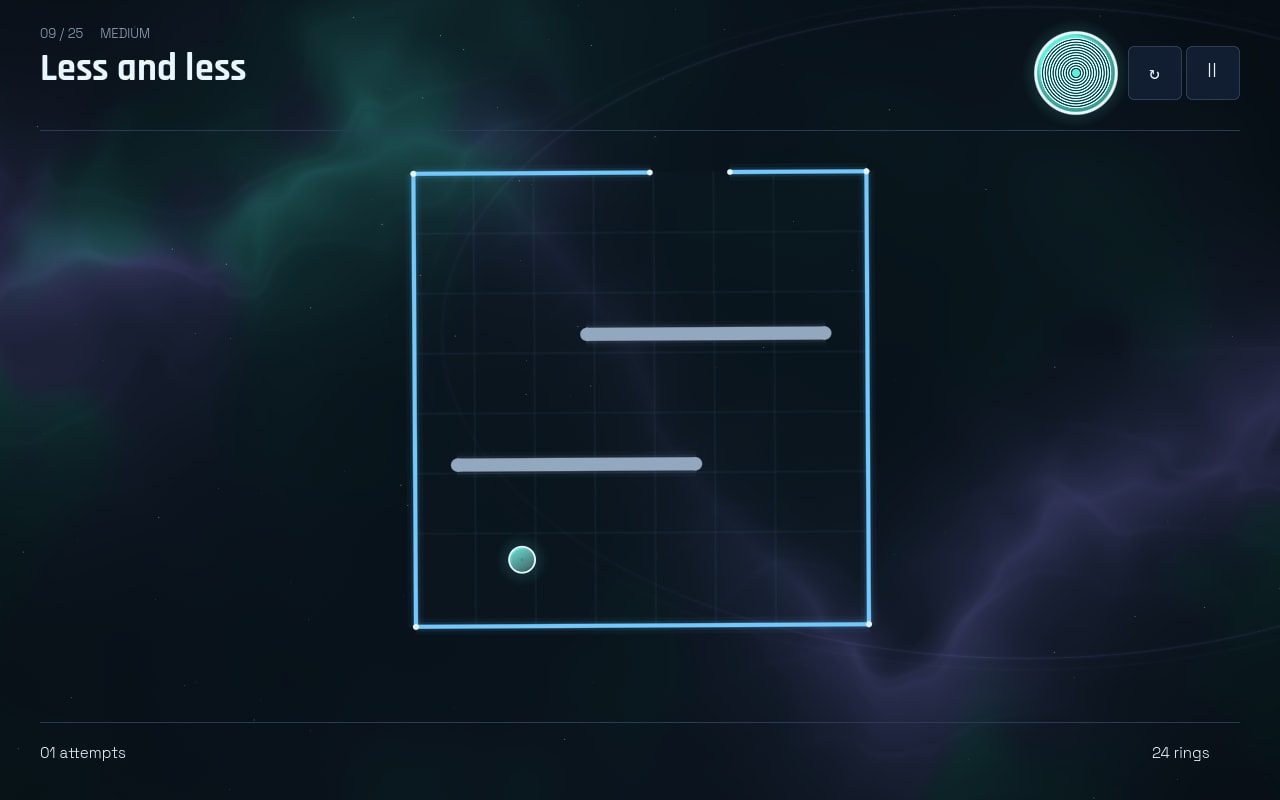 Stage 9, Less and less: a tall blue box with two solid grey baffles staggered across it and the player circle in the bottom corner.